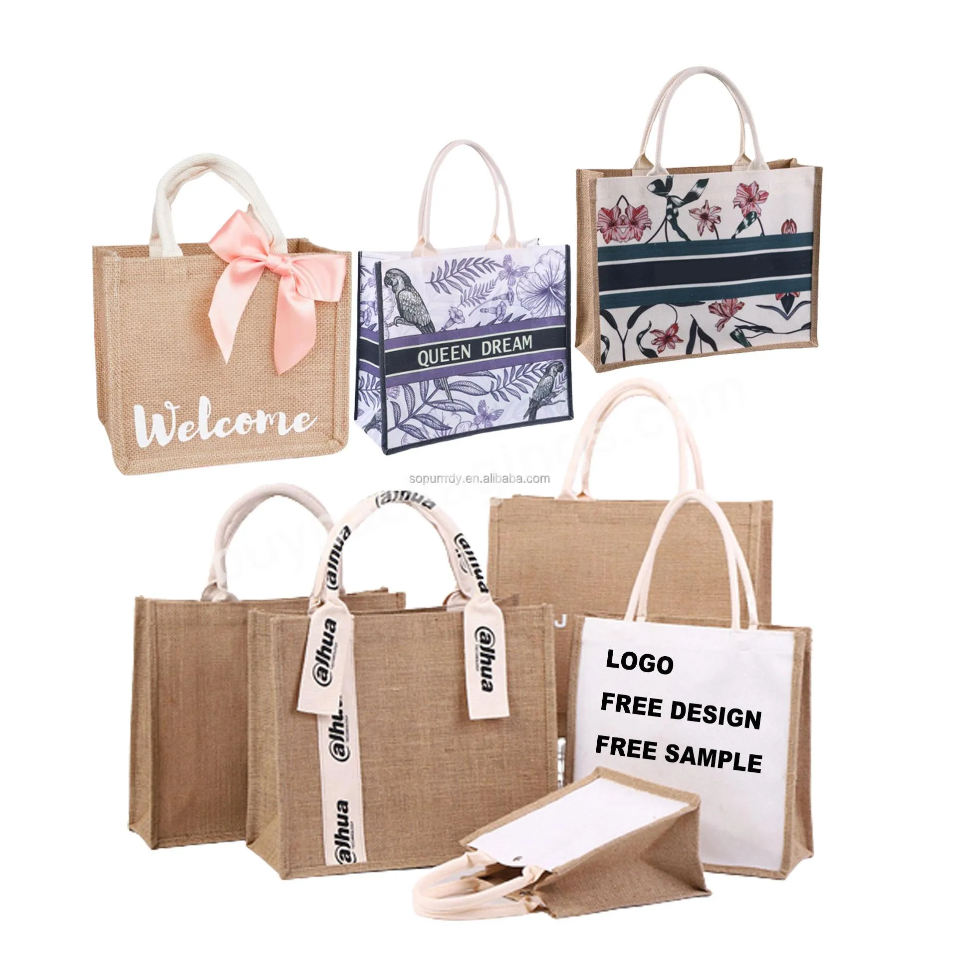 Wholesale Eco Friendly Oem Customized Printing Canvas Burlap Jute Shopping Grocery Tote Large Bags With Custom Printed Logo