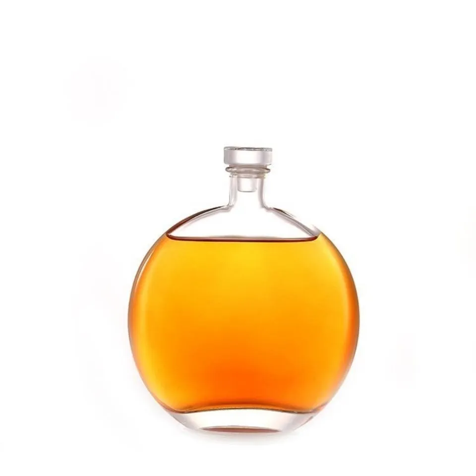 Wholesale Empty Round Shape Wine Liquor Storage Bottle Juice Clear Glass Bottles With Sealing Cork