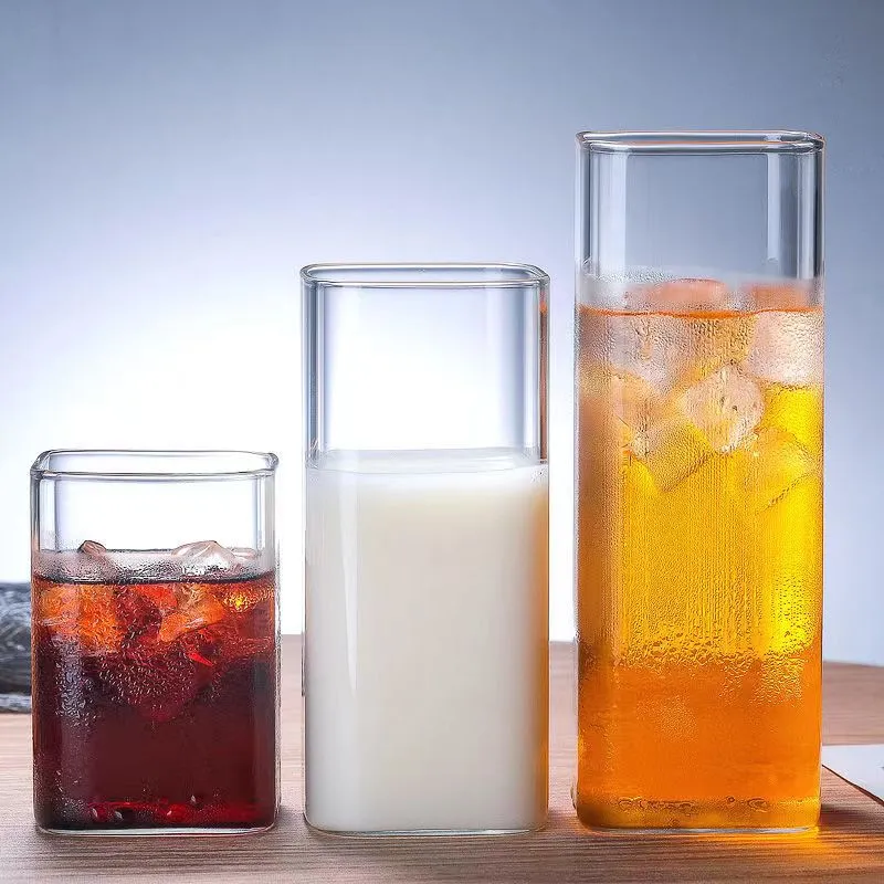 Wholesale Fashion High Borosilicate Glass  250ml 400ml 500ml  Square Shaped Water Clear Glass Cups For Beverage