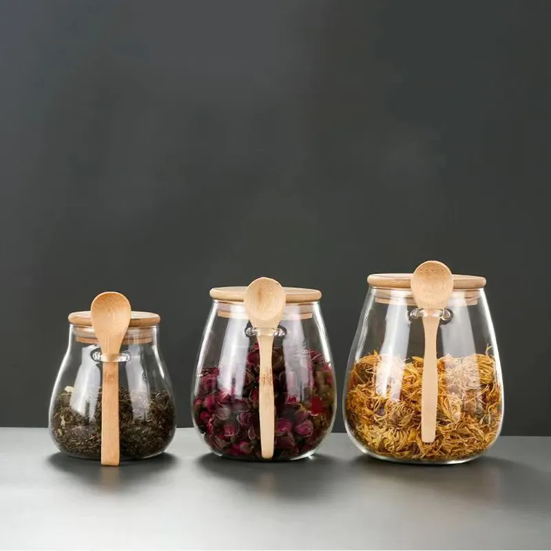 Wholesale Flower Tea Pot Sealed Well Pot Food Grade Wooden Cover with Spoon Food Storage Glass Jar