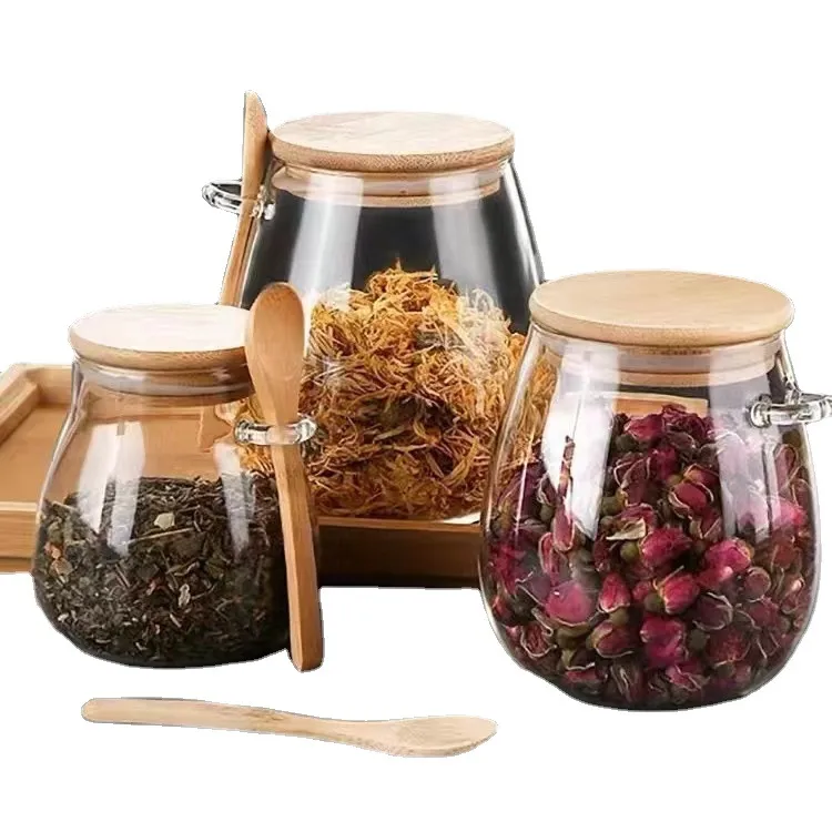 Wholesale Flower Tea Pot Sealed Well Pot Food Grade Wooden Cover with Spoon Food Storage Glass Jar