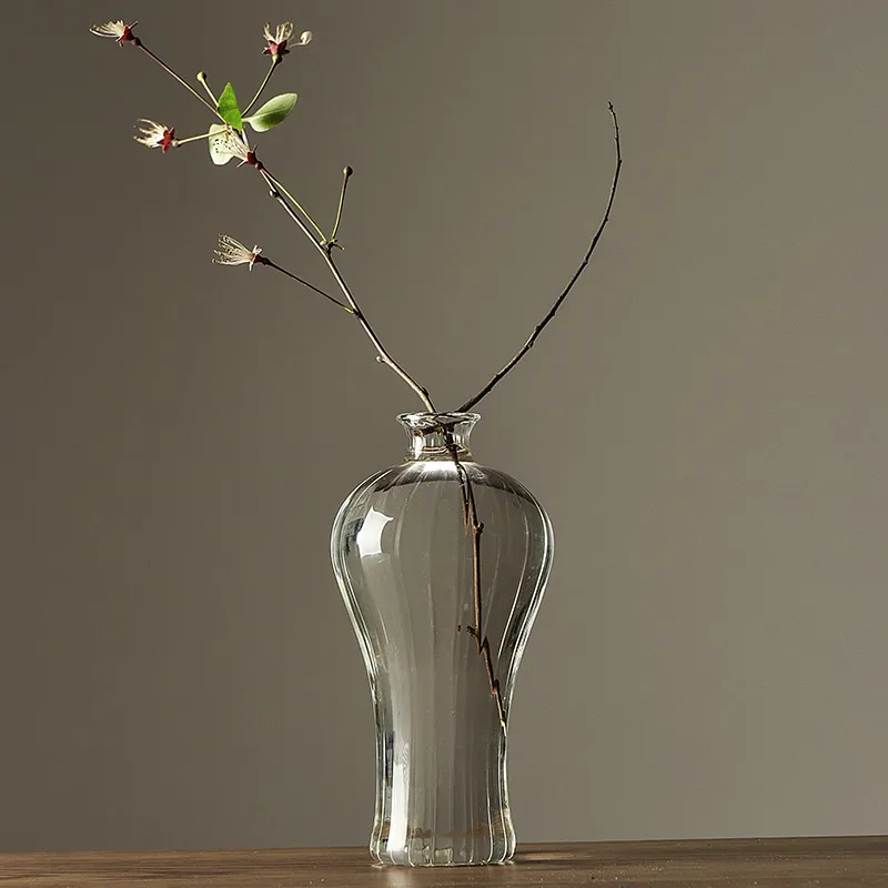 Wholesale High Quality  Desktop  Decorations Transparent Stripe Flowers Fine Mouth Glass Material Plant Vase