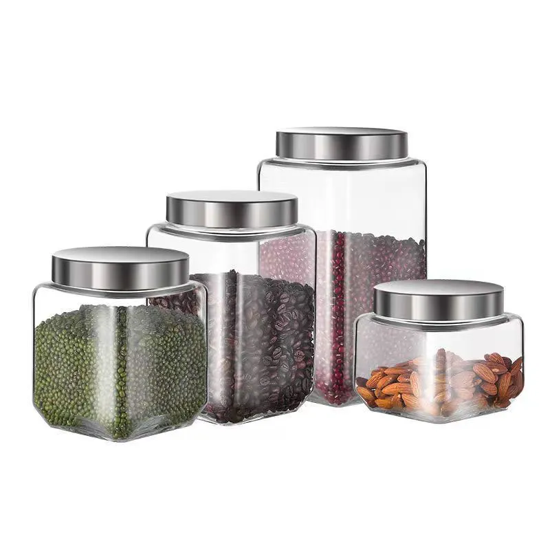 Wholesale High Quality Glass Food Storage Bottle With Cover Sealed Grains Nuts Jar Can Kitchen Storage bottles With Metal Cap