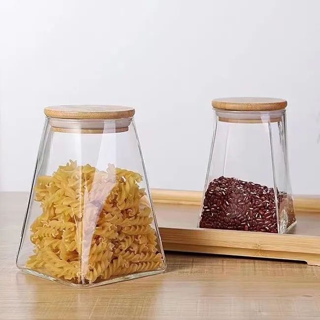 Wholesale Irregular Glass Sealed Cereal Storage Containers Glass Food Jar With Bamboo Lids