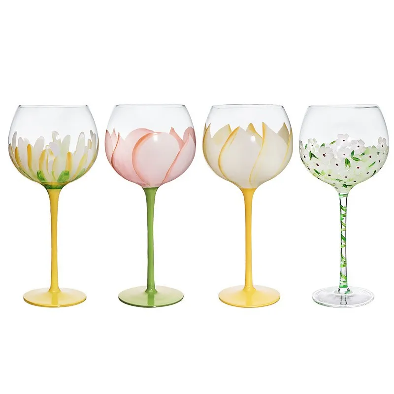 Wholesale Modern Simple Colored Tulip Red Wine Glass Goblet Ins Style Hand-painted Glass Cup