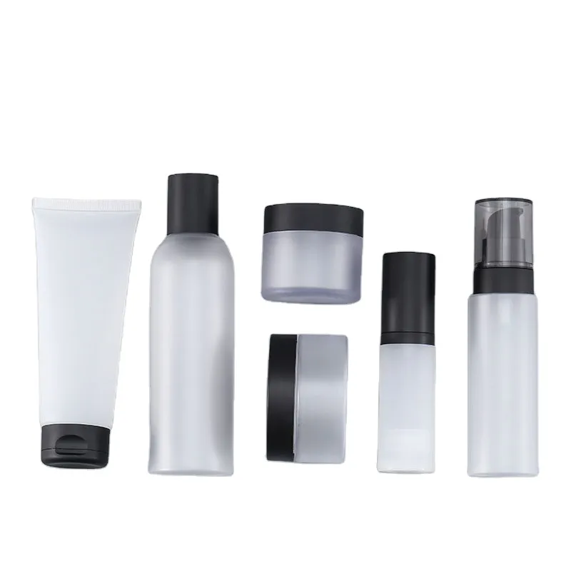 Wholesale Multiple Capacity Cosmetic Set Frosted Texture  Black Color Cap Travel Set Vacuum Plastic Bottle