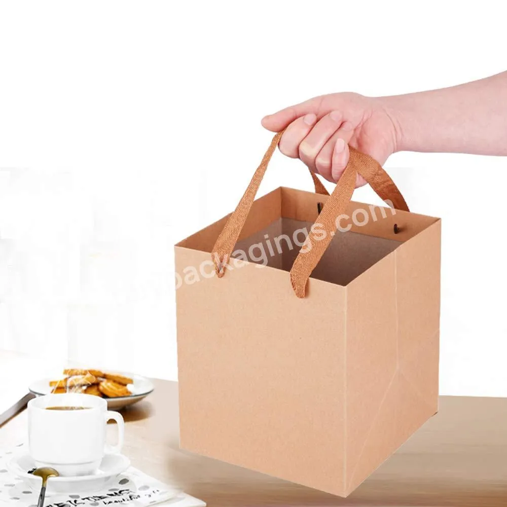 Wholesale Package Gift Shopping Handle Bags Square Brown Kraft Paper Bags Flowers Gift Bags With Ribbon Handles