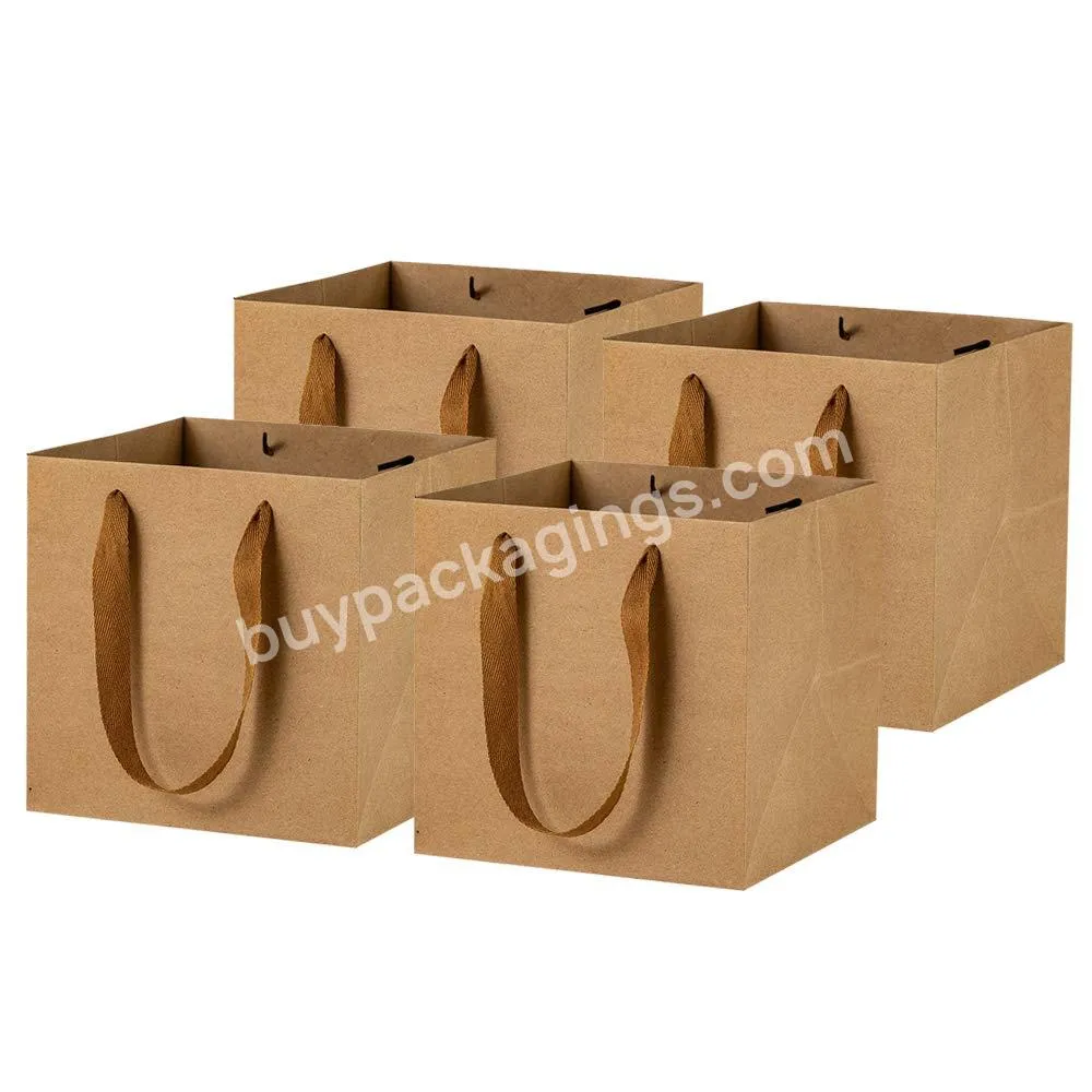 Wholesale Package Gift Shopping Handle Bags Square Brown Kraft Paper Bags Flowers Gift Bags With Ribbon Handles