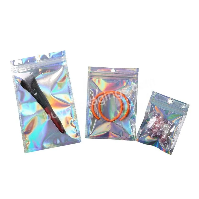 Wholesale Resealable Holographic Foil Glossy Holographic Three Side Seal Pouch Laser Film Packaging Bag With Window