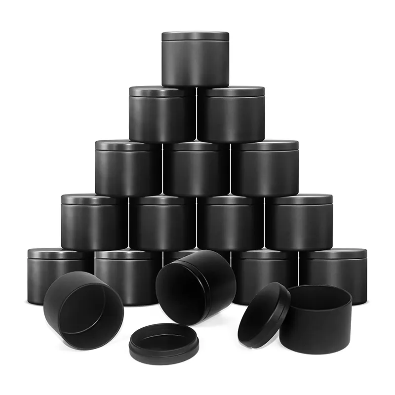 Wholesale round cake tin box vintage candle vessels custom tin packaging seamless black matte candle jars with lid