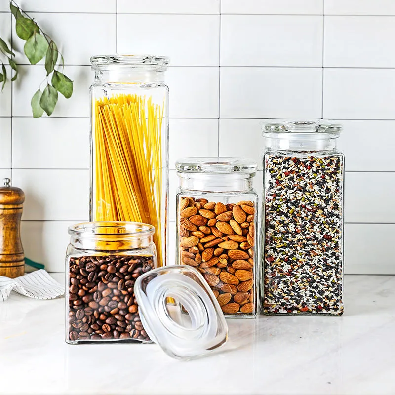 Wholesale Unique Style Square Kitchen High Borosilicate Airtight Recycled Empty Food Glass Storage Jars