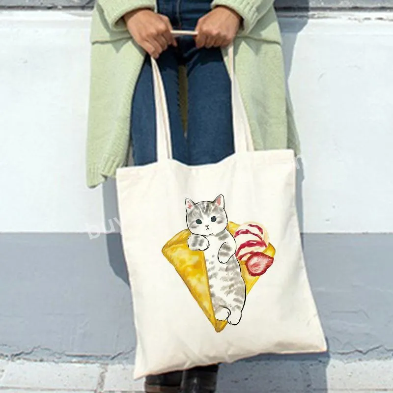 Women Casual Shopper Bag Cute Cartoon Cat Anime Canvas Shopping Bag Large Capacity Collapsible Harajuku Shoulder Bag Handbag