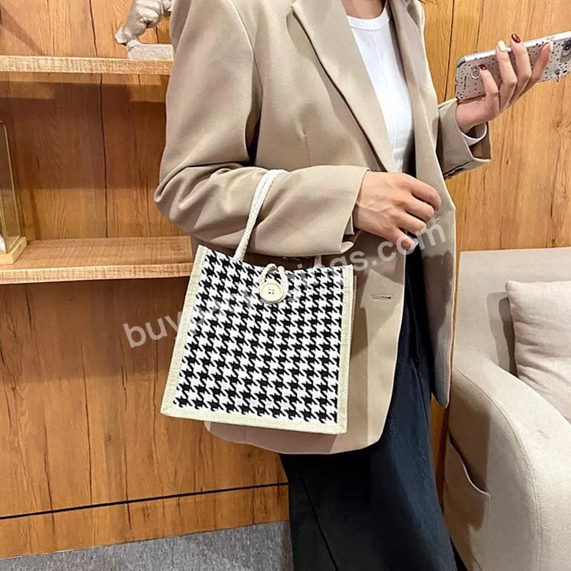 Women Jute Burlap Tote Bag Large Reusable Grocery Bags With Handles Swag Shopping Water Resistant Houndstooth Diy Bag