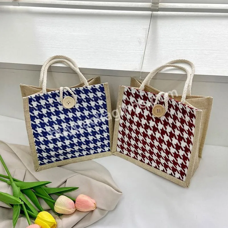 Women Jute Burlap Tote Bag Large Reusable Grocery Bags With Handles Swag Shopping Water Resistant Houndstooth Diy Bag