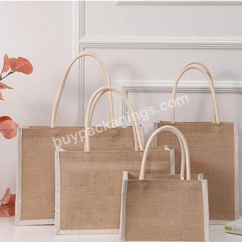 Women Jute Tote Shopping Bag Burlap Handbag Reusable Beach Shopping Grocery Bag With Handle Large Capacity Sundries Storage Bag