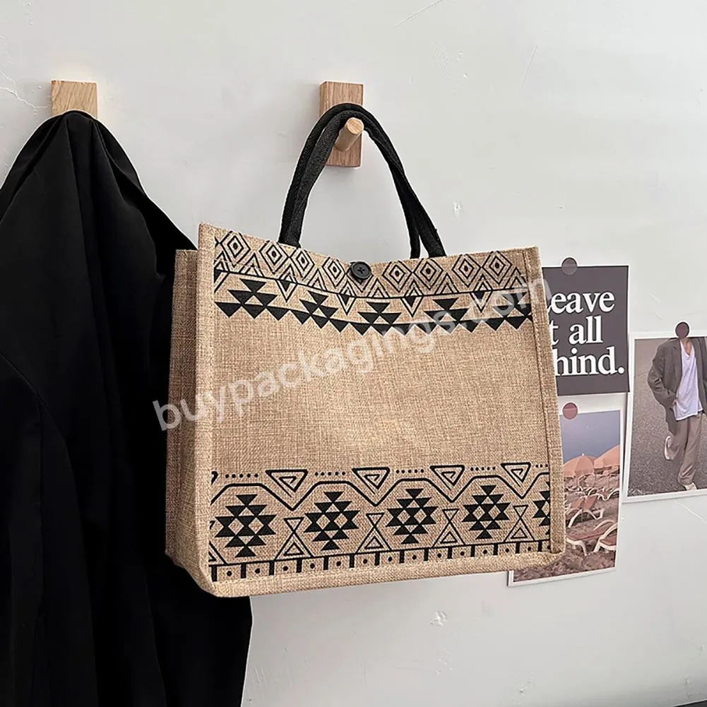 Women Vintage Linen Tote Bags Female Large Capacity Geometric Pattern Shoulder Bag Reusable Jute Shopping Storage Bag