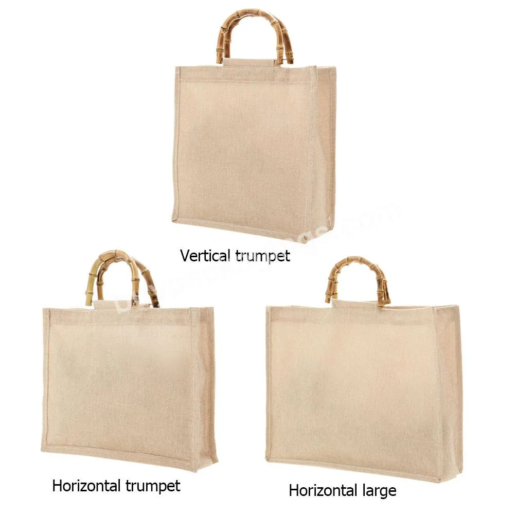 Women's Bag Portable Burlap Jute Shopping Bag Handbag Bamboo Loop Handles Reusable Tote Grocery Bags For Women Girls