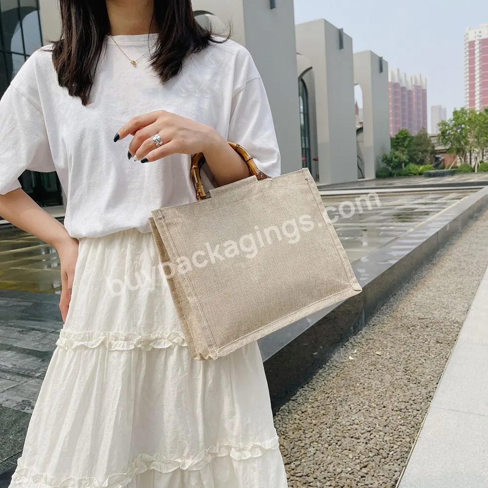 Women's Bag Portable Burlap Jute Shopping Bag Handbag Bamboo Loop Handles Reusable Tote Grocery Bags For Women Girls