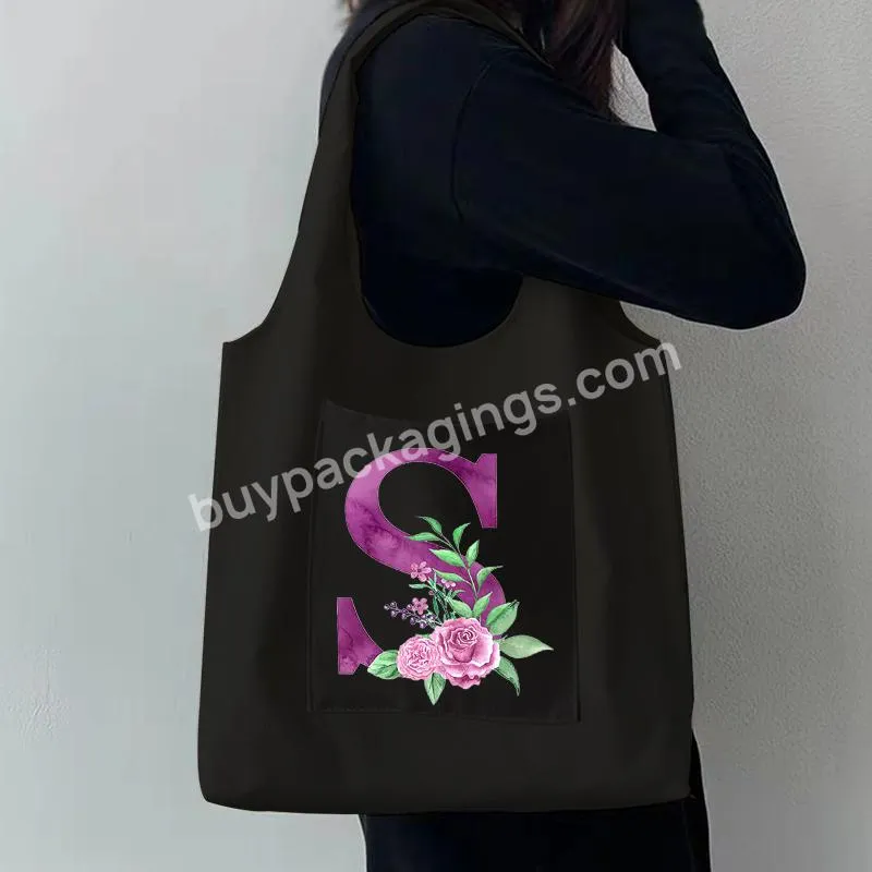 Women's Black Shopping Bag Casual Large-capacity Purple Letter Initial Name Pattern Printed Canvas Shoulder Bag Reusable