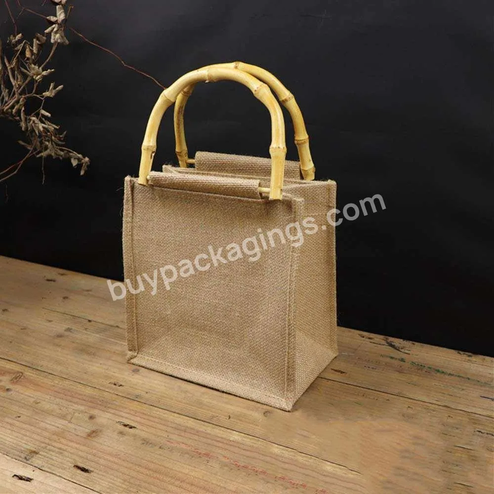 Wood Handle Natural Burlap Shopping Tote Bags Reusable Jute Bags