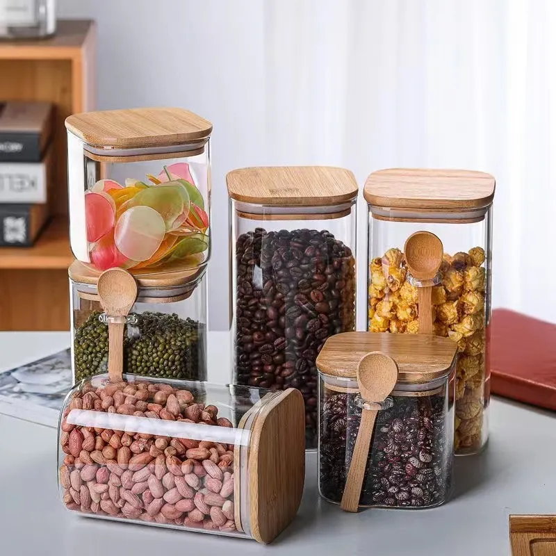 Wood Lid Glass Airtight Canister Kitchen Storage Bottles Food Coffee Beans Jar