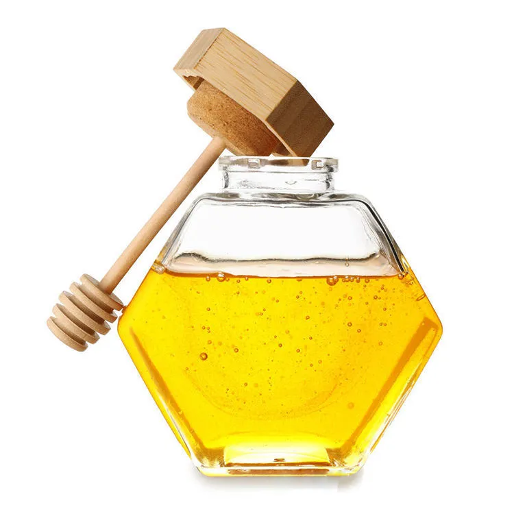 Wood lid honey bottle custom 500g new glass honey jar stir stick six ribs creative honey bottle with lid