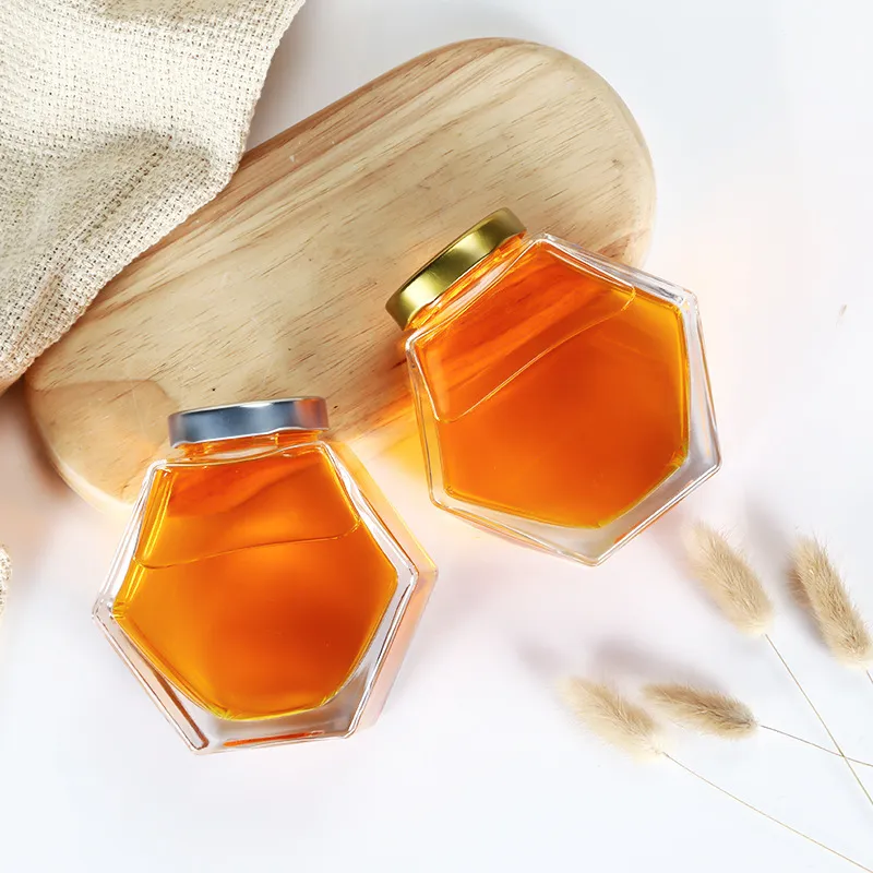 Wood lid honey bottle custom 500g new glass honey jar stir stick six ribs creative honey bottle with lid