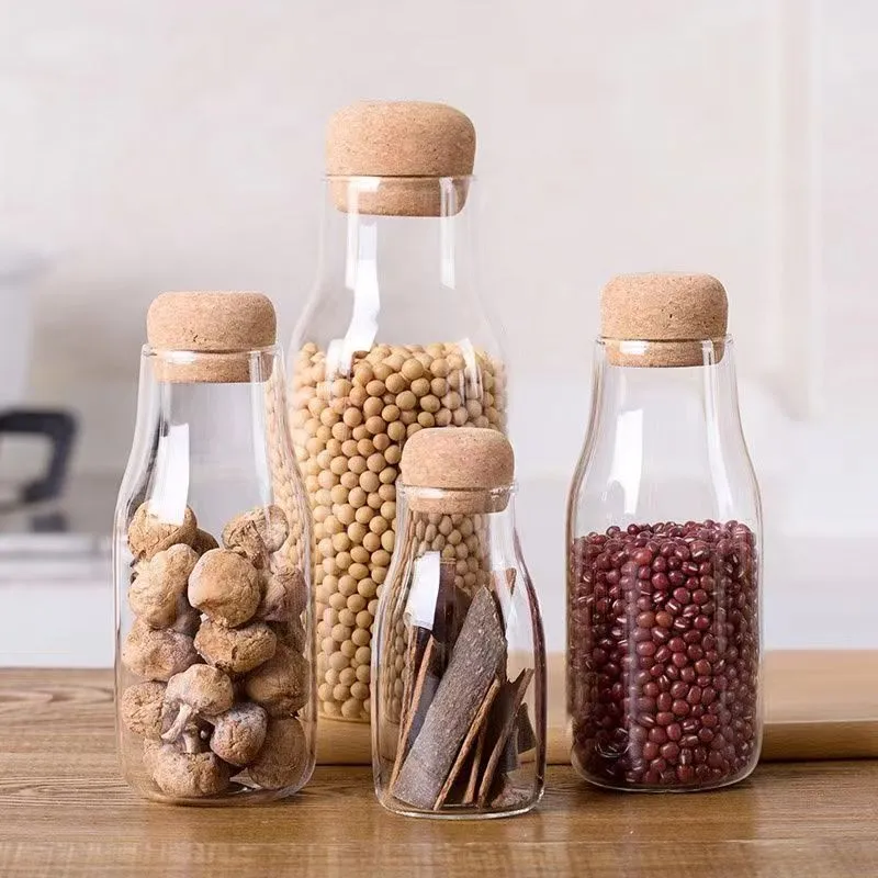 Wood Lid Kitchen Storage Jar Sealed Food Container Tea Coffee Beans Grains Glass Bottles Airtight Canister