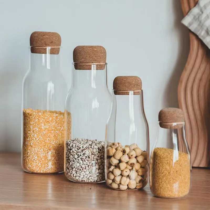 Wood Lid Kitchen Storage Jar Sealed Food Container Tea Coffee Beans Grains Glass Bottles Airtight Canister