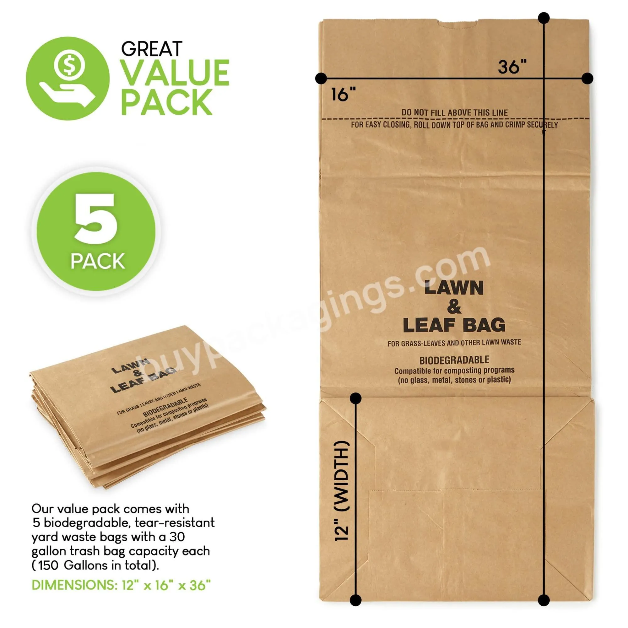 Yard Waste Paper Bags Paper Garbage Bag Heavy Duty With Customized Logo