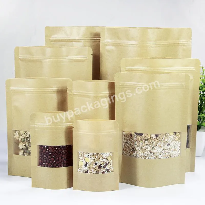 Ziplock Stand Up Kraft Paper Bag With Clear Window And Zipper For Food Packaging