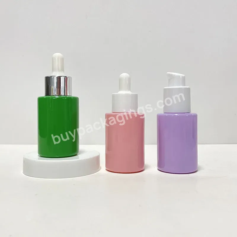 1 Oz 30 Ml Serum Packaging Round Green Purple Glass Bottle With Glass Flat Shoulders Dropper For Essential Oils