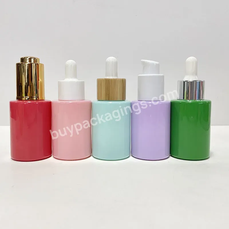 1 Oz 30 Ml Serum Packaging Round Green Purple Glass Bottle With Glass Flat Shoulders Dropper For Essential Oils