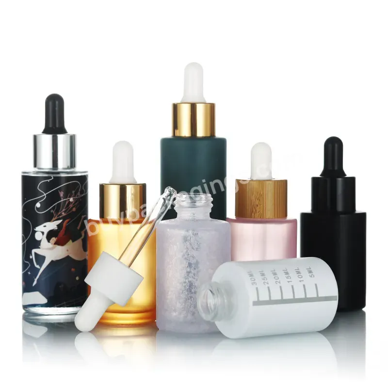 1 Oz Hair Oil Cosmetic Packaging Cylinder Flat Shoulder 30 Ml Skin Care Custom Serum Frosted Glass Dropper Bottle 50ml