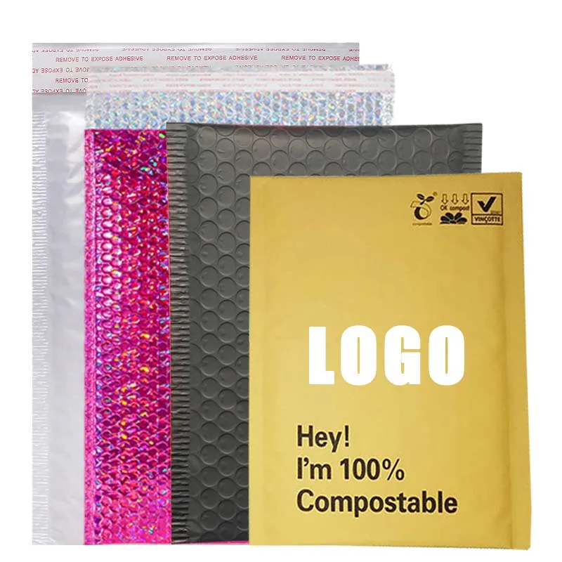 100% 4x8 White Gray Black Recyclable Holigraphic Custom Eco Friendly Biodegradable Padded Compostable Bubble Mailer Mailing Bags