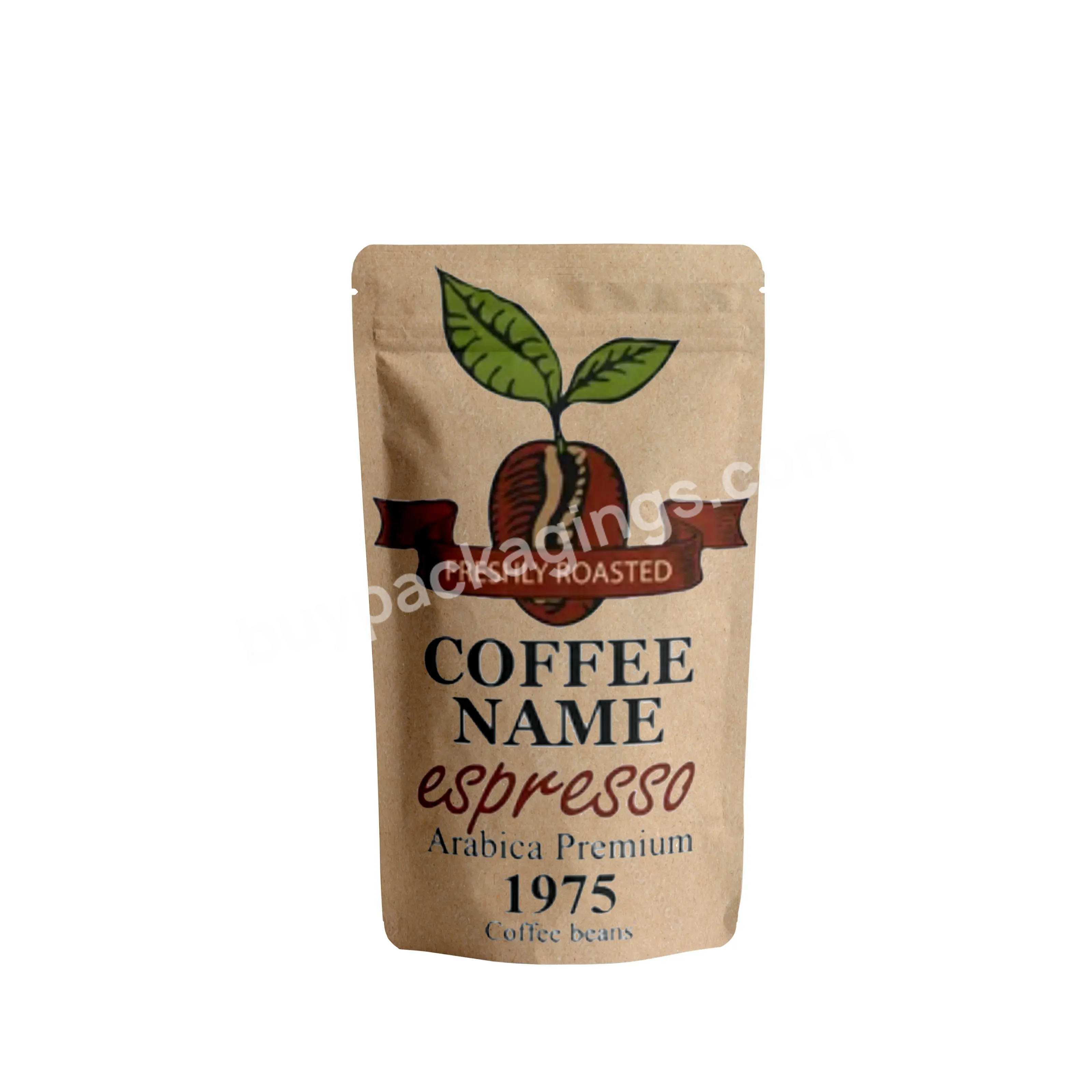100% Compostable Stand Up Craft Coffee Bag 250gr Coffee Packaging Kraft Paper Coffee Zipper Bag