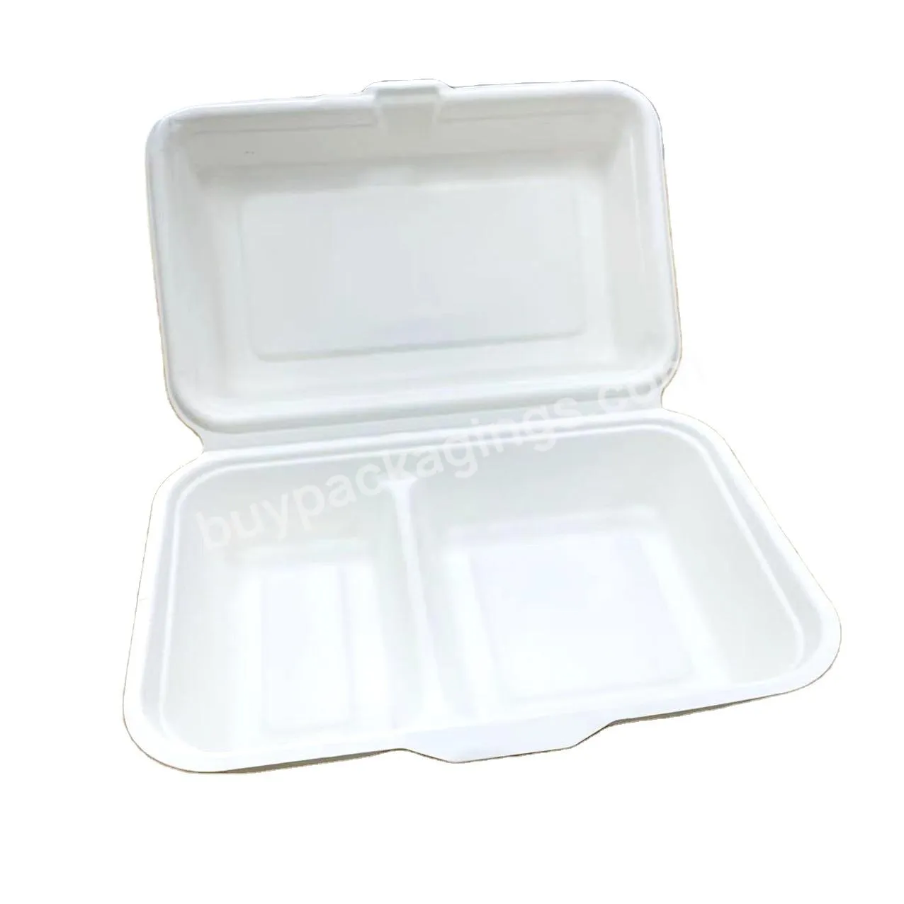 100% Compostable White Bagasse 9"x6" Paper Takeout 2 Compartment Food Clamshell Lunch Container Box