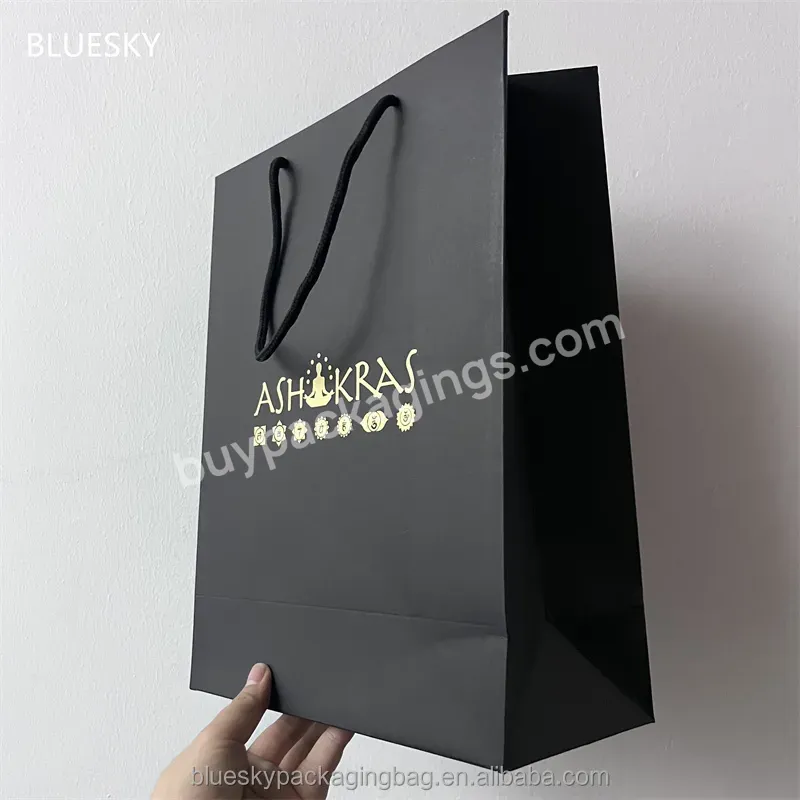 100% Recyclable Custom Black Shopping Paper Bags With Gold Logos Boutique Paper Shopping Bag