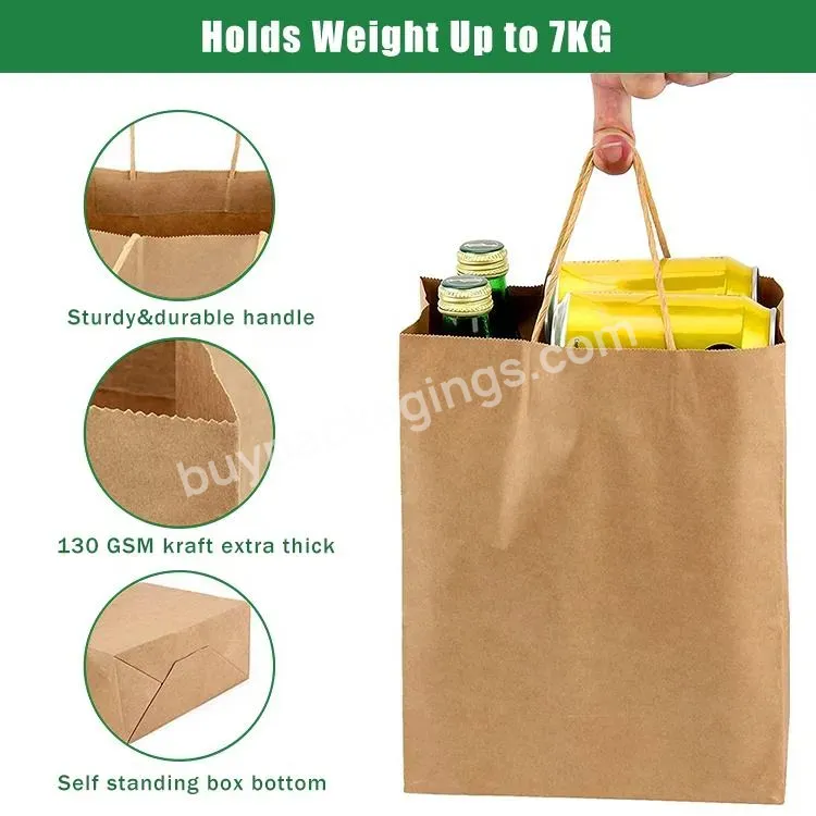 100% Recyclable Eco-friendly Reinforced Handle Craft Paper Bags,Custom Printed Logo Solid Durable Bottom Brown Kraft Paper Bag