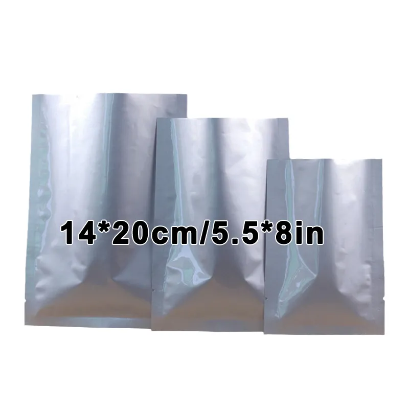 100pcs In Stock 14x20cm 15x22cm Heat Seal Flat 3 Sides Sealed Mylar Open Top Silver Food Storage Pouch Aluminum Foil Vacuum Bag