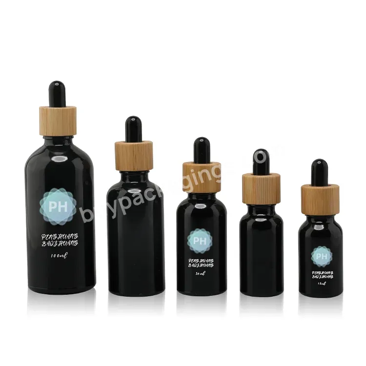 10ml 15ml 30ml Round Black Essential Oil Cbd Oil Bottles With Wooden Cap Cosmetic Glass Dropper Bottles Serum Bottle