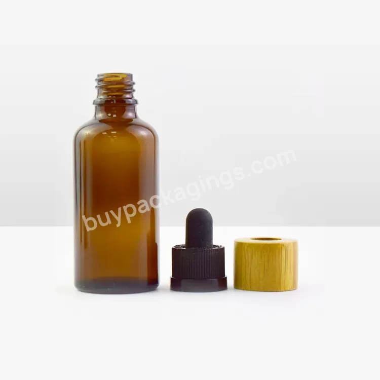 10ml 15ml Cosmetic Skincare Packaging Cylinder Amber Beard Hair Essential Oil Serum Glass Dropper Bottle With Bamboo Wood Lid