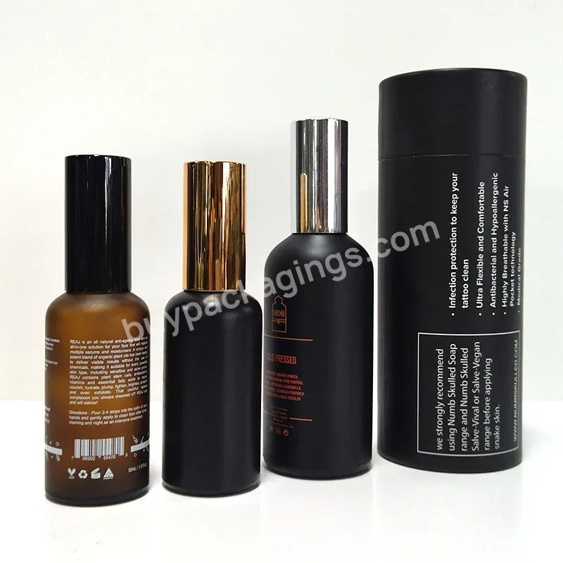 10ml 20ml 30ml 50ml Empty Round Black Frosted Essential Oil Glass Pump Bottle With Paper Tube Packaging