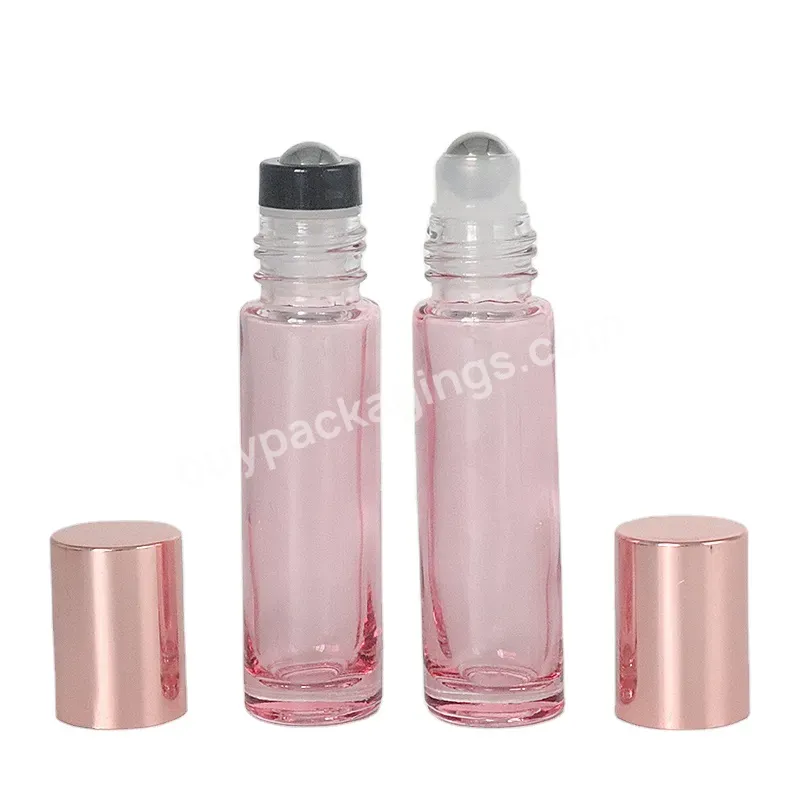 10ml Clear Slim Round Cylinder Pink Custom Color Perfume Essential Oil Glass Roll On Metal Roller Bottle