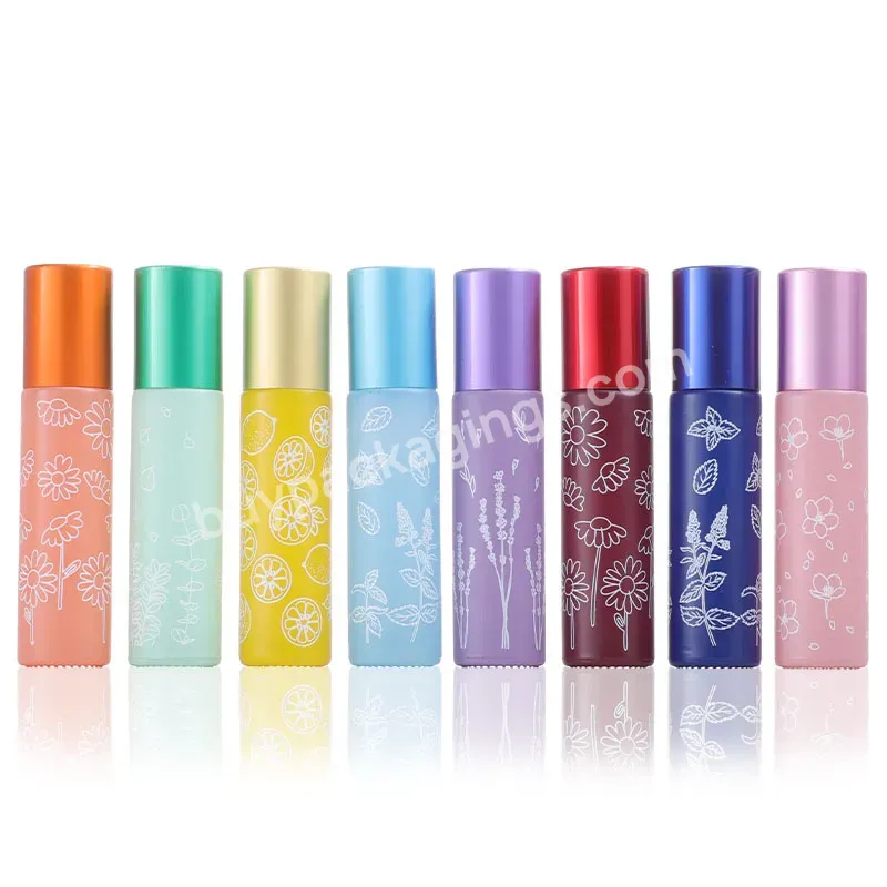 10ml Macaron Colorful Refillable Thick Glass Roll On Essential Oil Empty Bottles Roller Ball Bottle With Flower Print