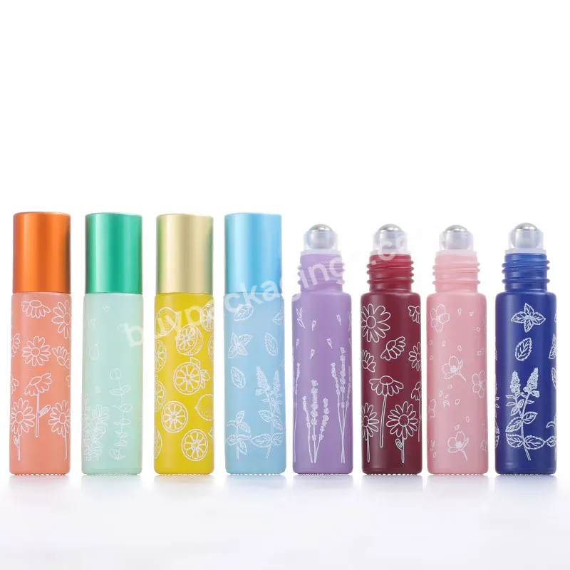 10ml Macaron Colorful Refillable Thick Glass Roll On Essential Oil Empty Bottles Roller Ball Bottle With Flower Print