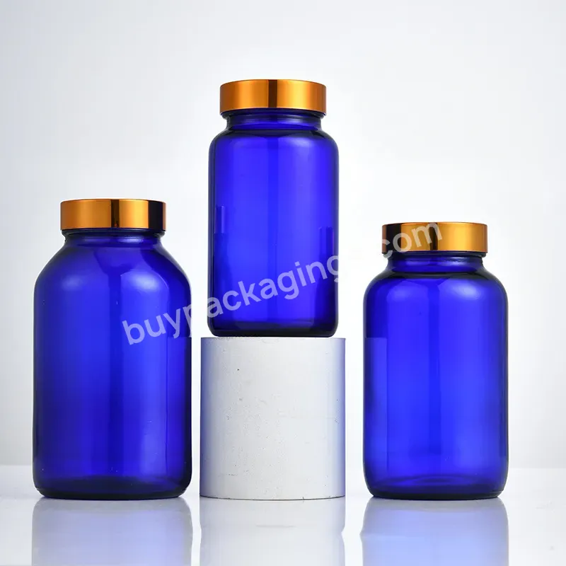 10oz 200ml Blue Glass Bottle Medicine Tablet Pill Capsule Health Food Glass Jar With Lid