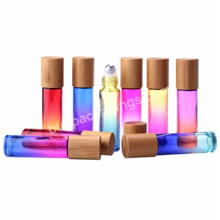 10pcs Empty Thick Gradient Color Glass Roll On Essential Oil Perfume 10ml Roller Ball Vial Bamboo Lids