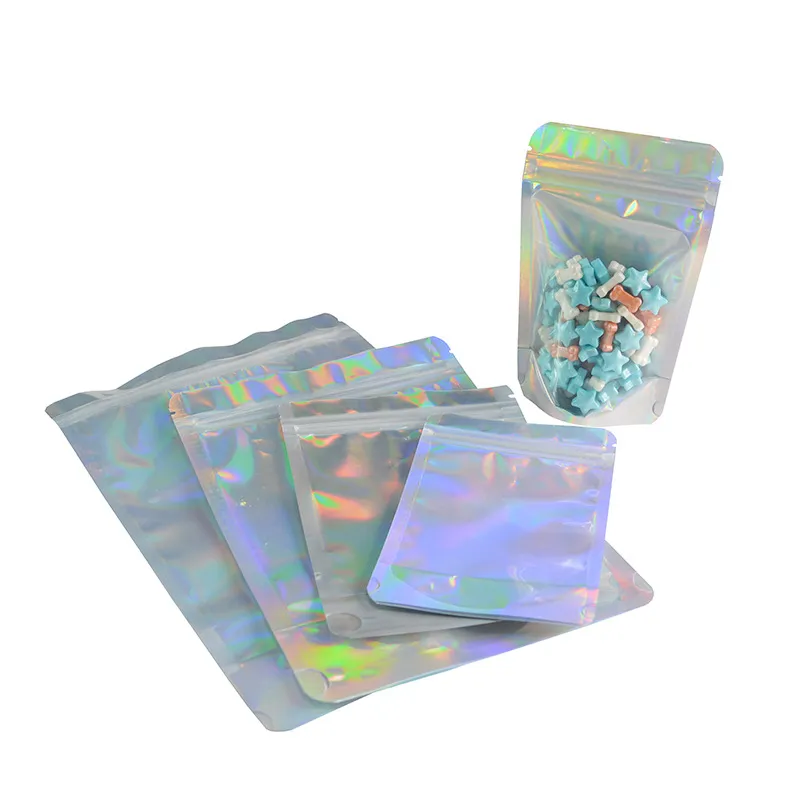 11x16cm One Side Transparent front resealable aluminum foil shiny holographic stand up food mylar ziplock bag