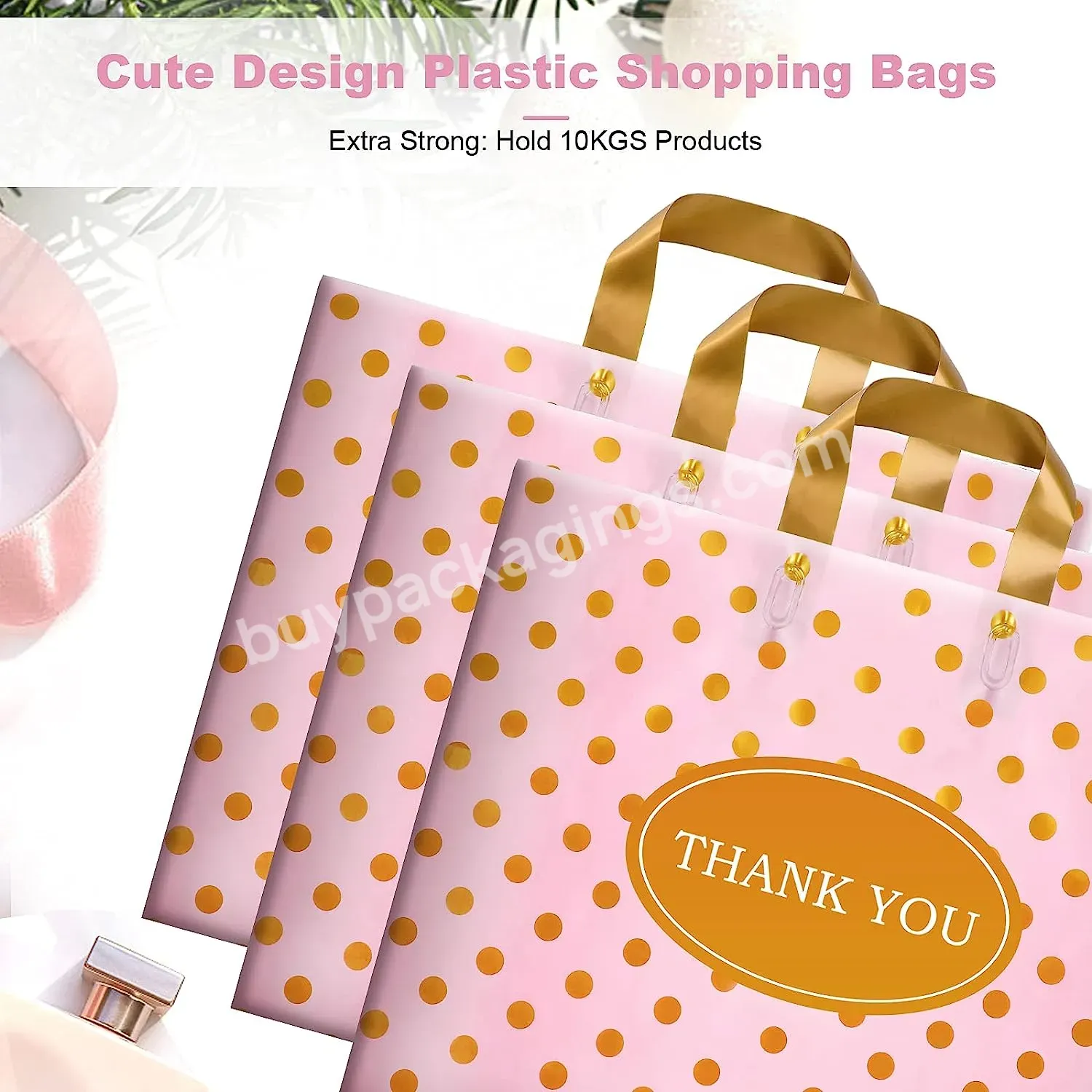 12*15inch Logo Print Promotional Wholesale Business Thank You Pink Plastic Bag With Handle Custom Plastic Shopping Bag